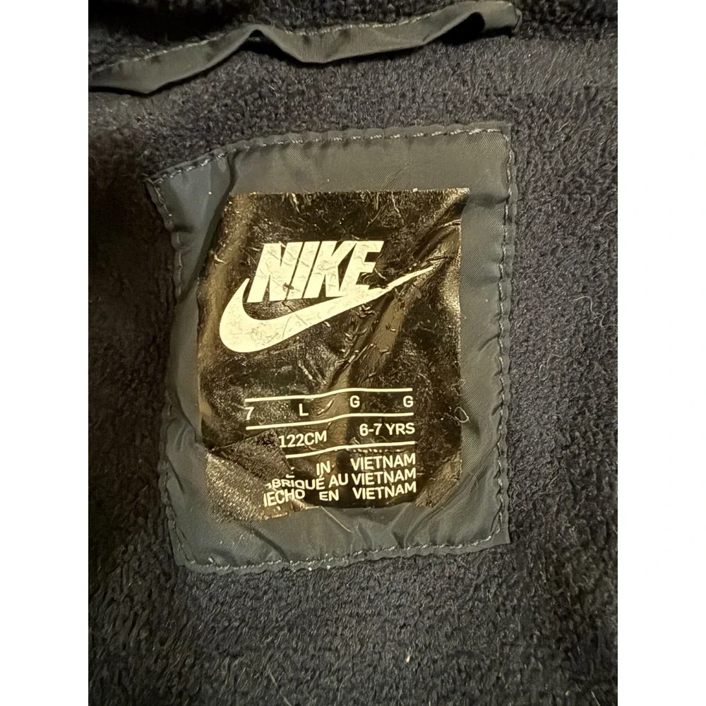 Nike Boys Puffer Jacket Black Blue Swoosh Hooded Winter Coat Size 7 L G 6-7 YRS